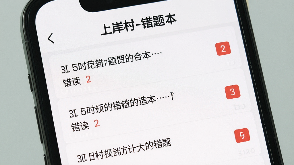 一张展示“上岸村”错题本功能的界面截图,画面主体是一部手机,屏幕显示错题本列表,每道题旁边有红色数字标注错误次数,顶部有“上岸村-错题本”标题,布局清晰,风格简洁,细节干净,画质清晰,无多余装饰