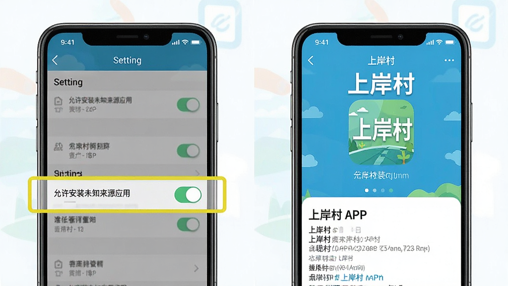 一张展示如何正确安装“上岸村”APP的示意图,画面分为左右两部分,左侧是手机设置界面,高亮显示“允许安装未知来源应用”的开关,右侧是“上岸村”的安装界面,有“上岸村”字样,整体风格为扁平化教程图解,色彩明快,细节清晰,画质干净无多余元素
