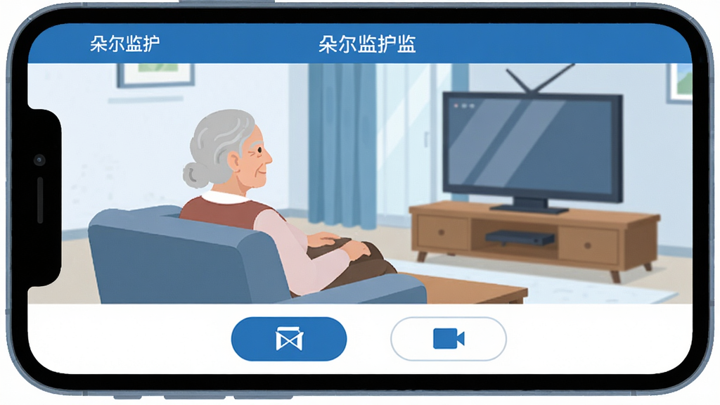 朵尔监护 手机屏幕显示监控画面 客厅场景 一位老人坐在沙发上看电视 画面清晰 界面简洁 顶部显示设备名称 底部有回放和截图按钮 蓝白配色 扁平化设计 画质干净 无多余元素