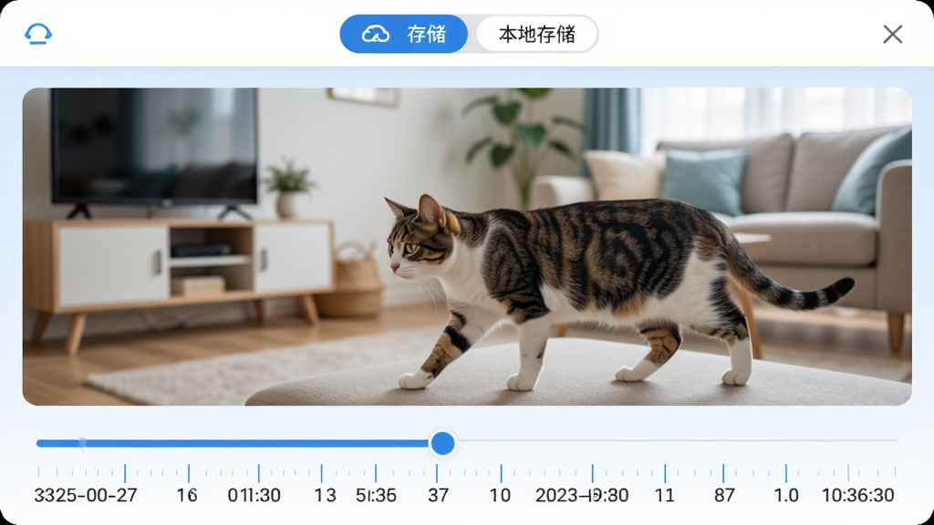 朵尔监护 回放界面 时间轴拖动条 下方显示日期和小时刻度 画面中显示一只猫在客厅走动 顶部有云存储和本地存储切换按钮 界面布局清晰 蓝白主色调 画质干净