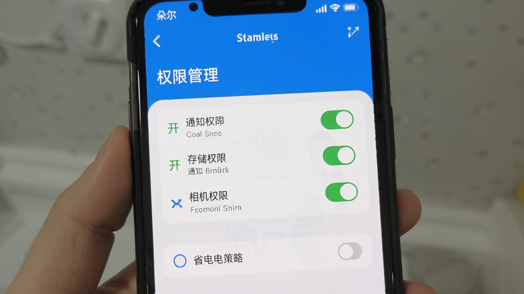 朵尔监护 手机设置界面 权限管理页面 显示通知权限已开启 存储权限已开启 相机权限已开启 下方有省电策略选项 界面简洁 蓝白配色 画质清晰