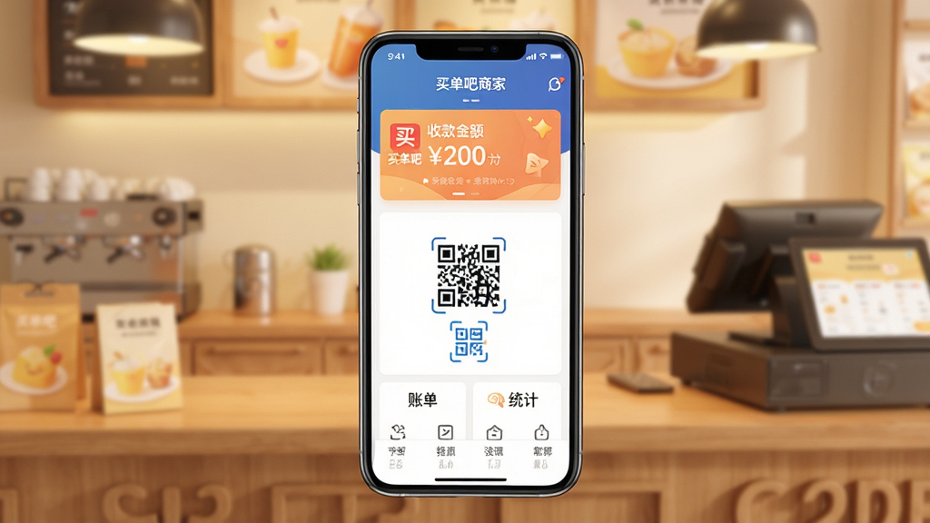 һ��չʾ�򵥰��̼�App���Ĺ��ܵ��ֻ�����Ч��ͼ��������һ�������ֻ�����Ļ����ʾ�򵥰��̼�App����ҳ�����ְ����Ϸ��տ���ͳ�ƿ�Ƭ���м��տ��ά���ɨ��ͼ�ꡢ�·��˵���ͳ����ڣ���������ܰ�ĵ��̹�̨����������ִ���ƽ����ϸ�����������ֱ�ע���򵥰��̼ҡ������ʸɾ������޶���Ԫ��
