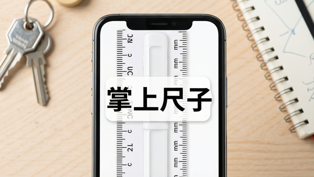 手机屏幕竖屏展示一把虚拟直尺贴合屏幕边缘,背景是浅色木纹桌面,旁边摆放着钥匙和笔记本,画面中央用大号字体写着
