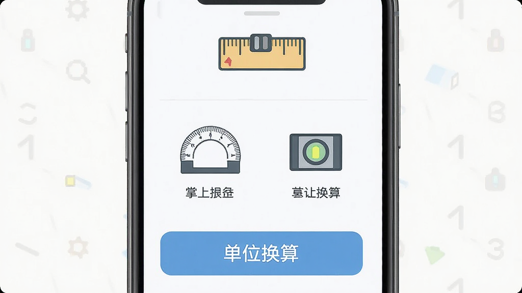 手机屏幕显示掌上尺子的主界面,上方是直尺图标,中间是量角器和水平仪入口,下方是单位换算按钮,界面简洁无广告横幅,主体为手机界面,布局居中,排版清爽,风格扁平化设计,细节包含图标和文字标签,画质高清,干净,无多余元素