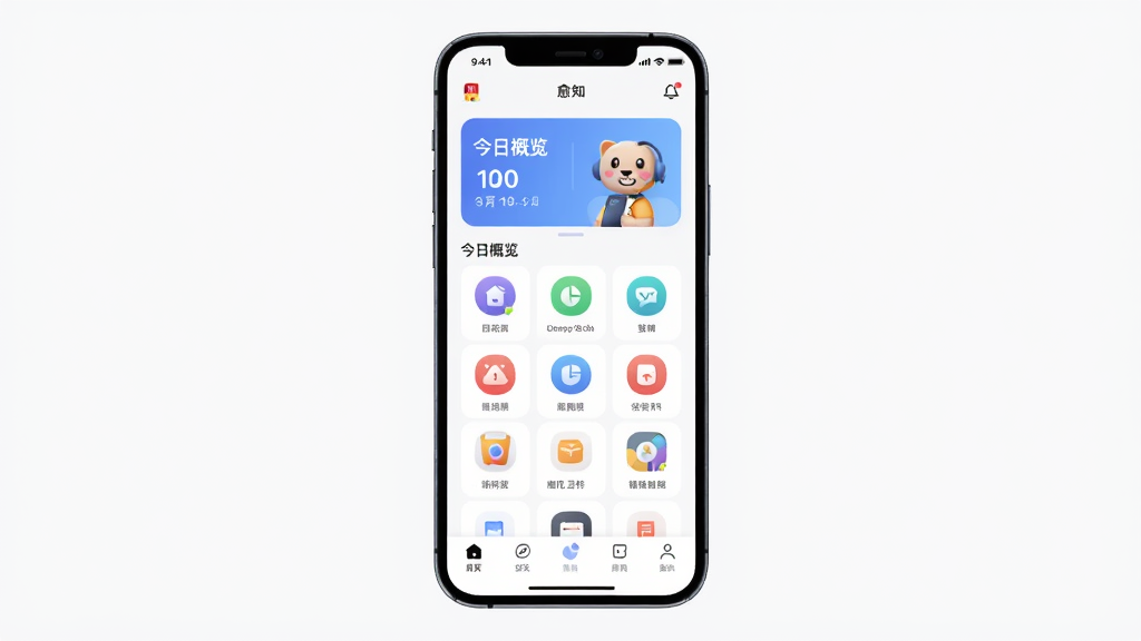 愈知App主界面全貌展示,主体为一部手机屏幕,屏幕内显示愈知应用首页,布局顶部是今日概览卡片,中间是功能图标网格,底部为导航栏,排版简洁有序,风格为现代扁平化设计,细节圆润图标清晰,画质干净无多余元素