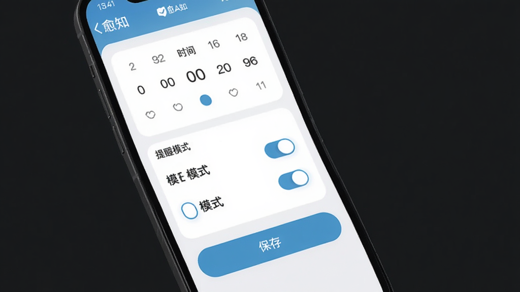 愈知App提醒设置界面展示,主体为手机屏幕显示愈知应用的提醒配置页面,布局上方为时间选择器中间为提醒模式选项下方为保存按钮,排版清晰层级分明,风格为现代扁平化,细节开关控件圆润,画质干净无多余元素