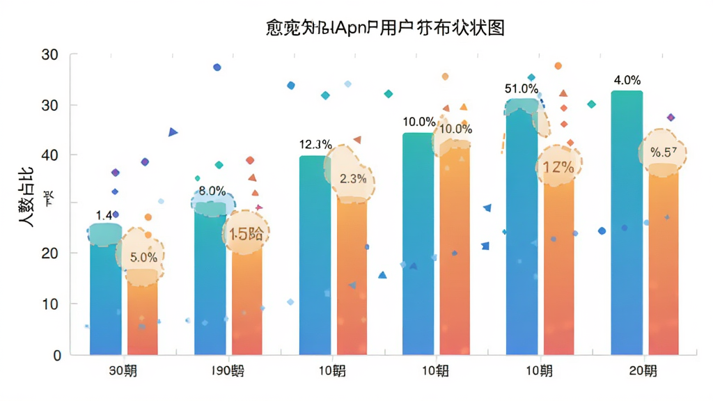 愈知App用户年龄分布柱状图,主体为数据可视化图表,布局横轴为年龄段纵轴为人数占比,排版清晰,风格为扁平化信息图,细节柱体颜色渐变标注清晰,画质干净无多余元素
