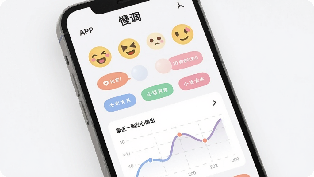 һ���ֻ���Ļչʾͼ���������ǡ�������APP�������ռ�ҳ�棬��Ļ�������Ŷ��Բ�εı�����źͲ�ɫ�����ǩ���·���һ���򵥵�����ͼ����ʾ���һ�ܵ�����仯���������Բ��ɰ���ɫ����ͣ��������������