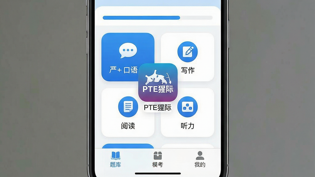 һ��չʾPTE�ɼ�App��������ֻ������ͼ����������������ʾ��PTE�ɼʡ�Ӧ��ͼ������ƣ����沼�ּ�࣬������ѧϰ���������м��ǿ��д�����Ķ��������Ĵ���ϰģ����ڣ��ײ�Ϊ��⡢ģ�����ҵ�����ѡ����������ִ���ˬ��������ɫ��Ϊ�������ֱ�ǩ��ȷ��ͼ��Բ�󣬻��ʸɾ��޶���Ԫ�أ��ʺ���ΪӦ���̵�չʾͼ��