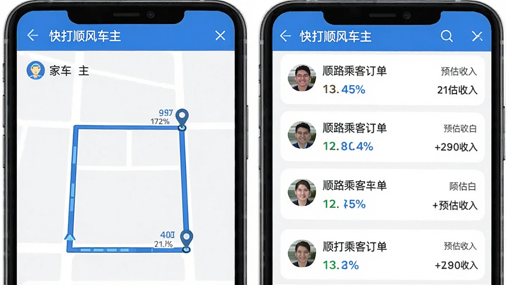 一张展示“快打顺风车主”顺路匹配功能的界面截图,画面左侧是车主设置的从家到公司的路线,右侧列表显示多个顺路乘客订单,每个订单有顺路百分比和预估收入,界面风格简洁,蓝白配色,文字清晰,画质干净无多余元素