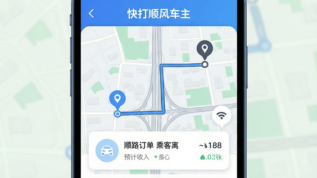 一张手机屏幕展示“快打顺风车主”APP主界面的图片,画面中央是城市道路地图,地图上标注了起点和终点的路线规划,下方弹出顺路订单卡片,卡片上显示乘客距离和预计收入,顶部有“快打顺风车主”的文字标识,整体布局清晰,风格现代扁平,蓝白配色为主,细节圆润,画质干净无多余元素