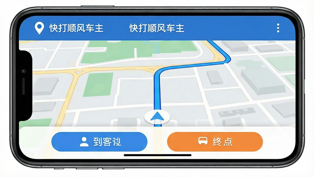 一张“快打顺风车主”导航界面的图片,画面显示手机横屏导航模式,地图上有蓝色路线指引,顶部显示“快打顺风车主”标识,底部有到达乘客起点和终点两个按钮,风格现代扁平,画质干净