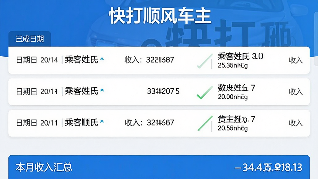 一张“快打顺风车主”订单管理页面的图片,画面以列表形式展示已完成的顺风车订单,每条订单显示日期、乘客姓氏、收入和路线,顶部有“快打顺风车主”文字,底部有本月收入汇总数字,风格简洁,蓝白配色,画质干净无多余元素
