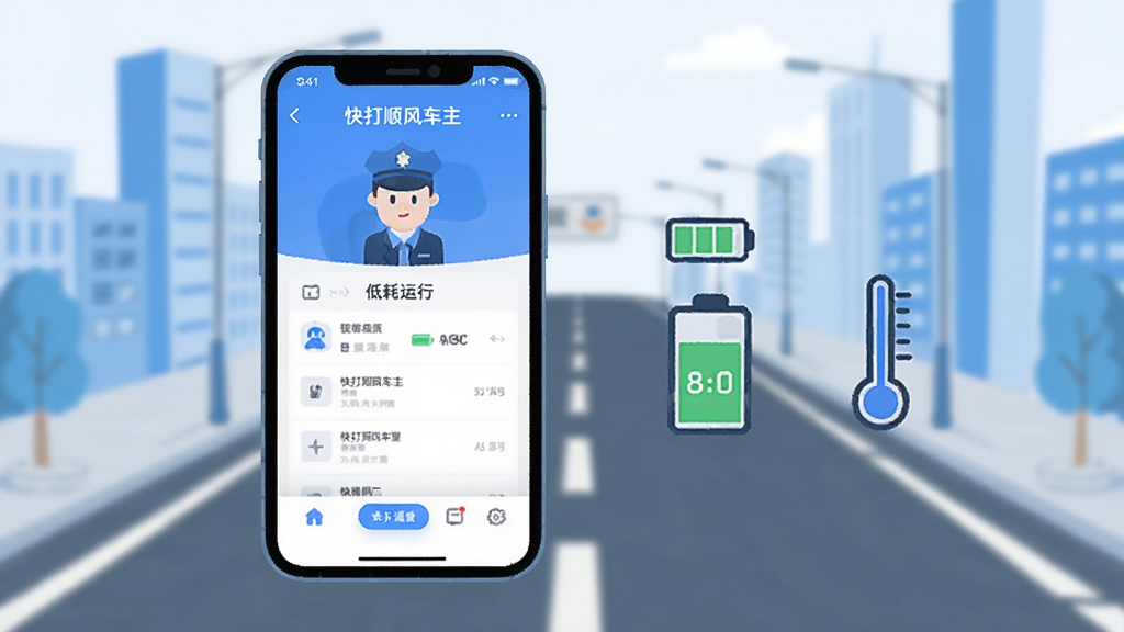 一张展示“快打顺风车主”在手机上低耗运行的示意图,画面中手机屏幕显示APP界面,旁边有电池图标和温度计图标显示正常状态,背景是城市道路,风格简洁,蓝白配色,画质干净无多余元素