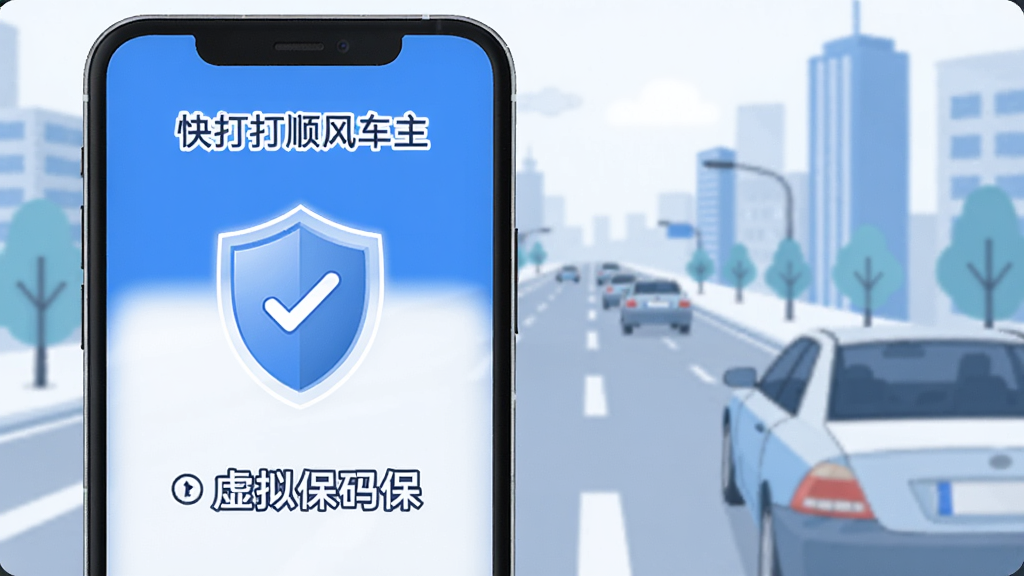 一张“快打顺风车主”隐私保护功能的示意图,画面显示手机屏幕上有盾牌图标和虚拟号码保护提示,背景是城市道路和车辆,风格简洁,蓝白配色,画质干净无多余元素