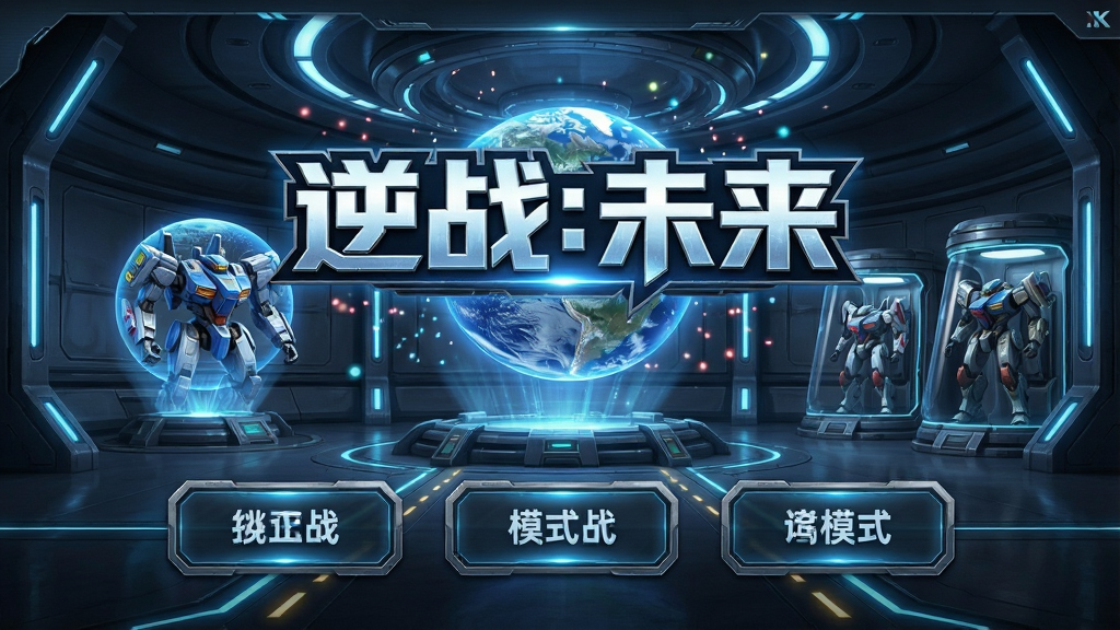 一张展示逆战:未来游戏主界面的全景图,画面主体是未来科幻风格的基地大厅,正中央悬浮着巨大的“逆战:未来”游戏Logo,背景有全息投影的地球和机甲待命舱,布局采用中心对称式构图,排版上Logo居中上方,下方是三个醒目的模式入口按钮,风格为赛博朋克科幻游戏UI,细节包含发光线条、金属质感边框、粒子特效,画质4K超清、干净、无多余元素