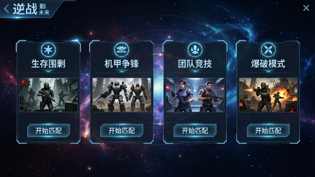 一张逆战:未来多模式选择界面图,主体是四个模式卡片横向排列,布局上每个卡片上方是模式名称“生存围剿”“机甲争锋”“团队竞技”“爆破模式”,中间是模式预览图,下方是“开始匹配”按钮,排版为横向等距排列,风格为科幻游戏菜单UI,细节包含卡片悬浮效果、模式图标发光、背景有动态星云,画质1080P清晰、干净、无多余元素