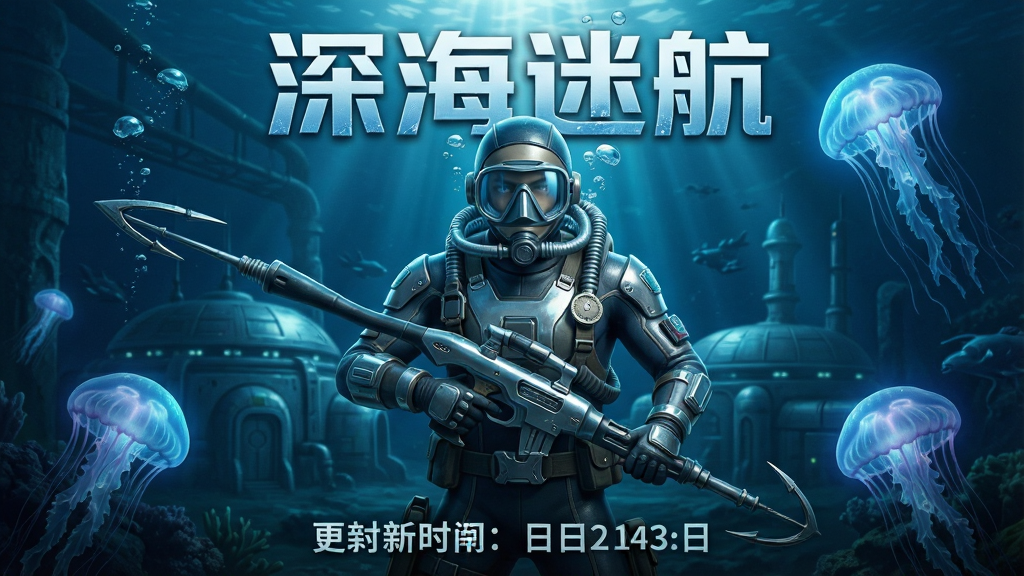 一张逆战:未来赛季更新宣传图,主体是深海主题的新角色穿着潜水作战服手持鱼叉枪,布局上角色居中,背景是海底基地和发光水母,排版上方是“深海迷航”赛季标题,下方是更新时间,风格为科幻写实海报,细节包含气泡、水下光柱、角色装备的金属反光,画质4K高清、干净、无多余元素