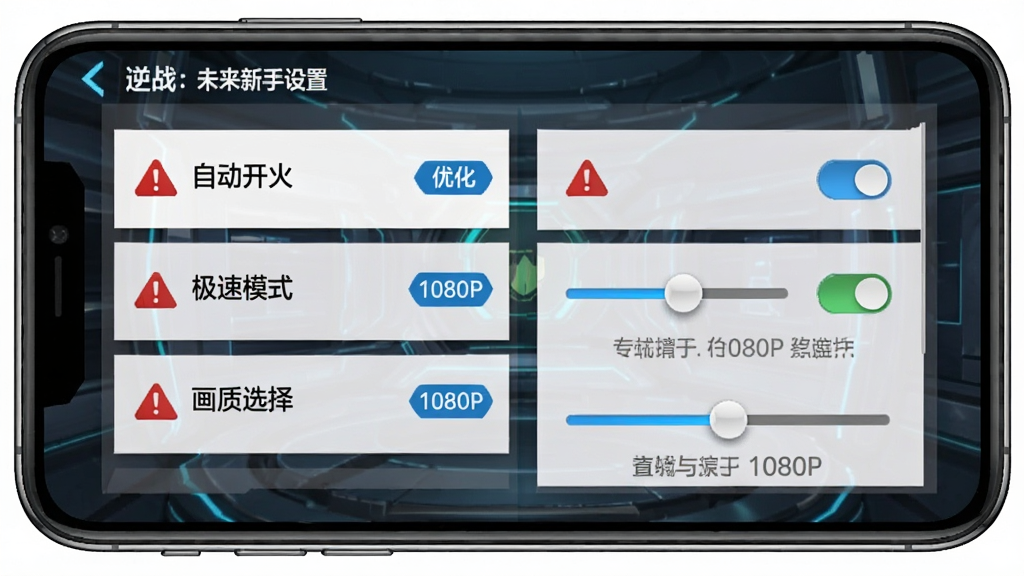 一张逆战:未来新手设置界面图,主体是手机屏幕显示游戏设置菜单,布局上左侧是选项列表“自动开火”“极速模式”“画质选择”,右侧是切换开关和滑块,排版为左右两栏,风格为科幻游戏设置UI,细节包含红色警告图标、蓝色优化标签、灰色提示文字,画质1080P清晰、干净、无多余元素