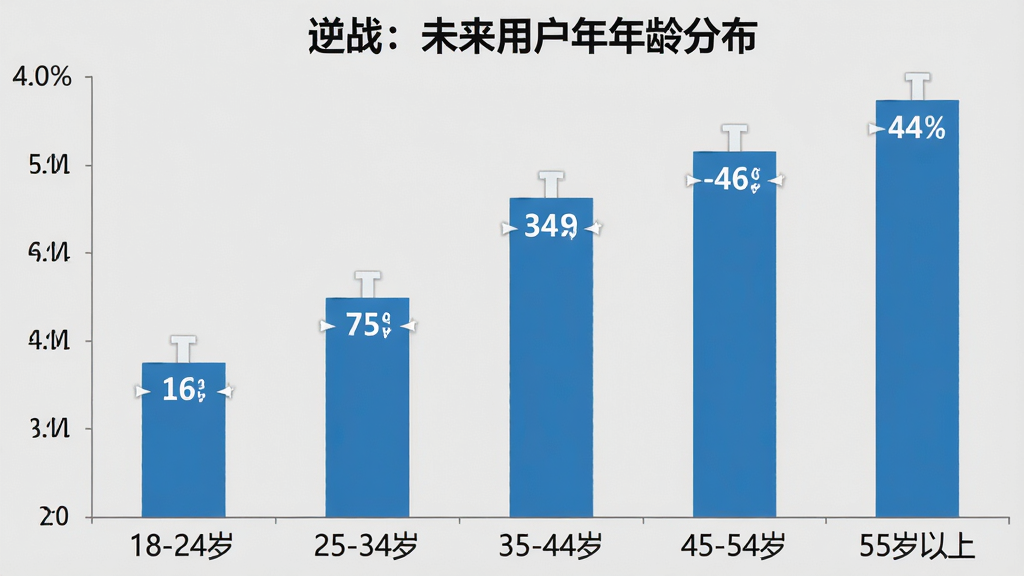 一张逆战:未来用户年龄分布柱状图,主体是五个年龄段的柱子,布局上横轴为“18-24岁”“25-34岁”“35-44岁”“45-54岁”“55岁以上”,纵轴为人数占比,排版为竖向柱状图,风格为扁平化数据图表,细节包含蓝色柱子、白色数值标签、浅灰背景,画质1080P清晰、干净、无多余元素