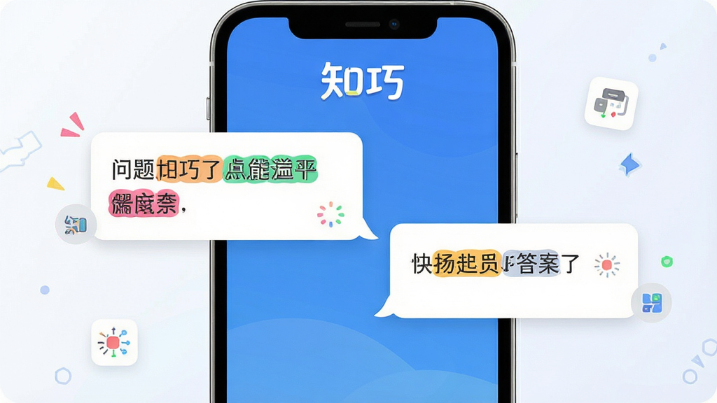 һ��չʾ��֪�ɡ�App�����ʴ��ܵĳ���ͼ���������ֻ���Ļ����ʾ��֪�ɡ�Logo�Ϳ��ٵ����ĶԻ����ݣ�����Ϊ��������Ҳ�𰸣��Ű���ÿ�Ƭʽ�Ի��������������죬ϸ�ڰ�����ɫ�ؼ��ʸ��������ض�������Լͼ�꣬���������ɾ��޶���Ԫ��