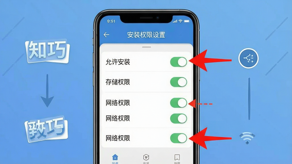 һ��չʾ��֪�ɡ�App��װȨ�����õĽ̳�ͼ���������ֻ���Ļ��ʾȨ�޹���ҳ�棬����Ϊ���²���ֽ⣬�Ű�����������ѧͼ��ʽ��ϸ�ڰ�����ɫ��ͷָ��������װ�����洢Ȩ�ޡ�������Ȩ�ޡ����أ����ʸɾ��޶���Ԫ��