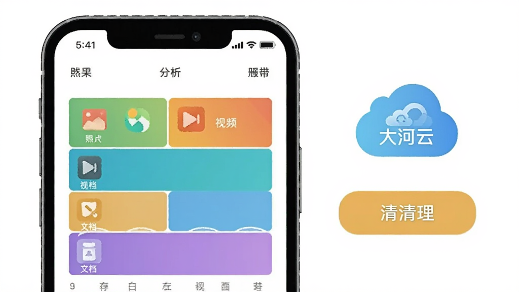 һ��չʾ�ֻ��洢�������ܵĲ廭��������һ���ֻ���Ļ��ʾ�洢�ռ����ͼ�����в�ͬ��ɫ�����������Ƭ����Ƶ���ĵ��ȣ��Ա���������ť�͡�����ơ���ʶ�������ˬ��࣬ϸ�����������ʸɾ����޶���Ԫ��