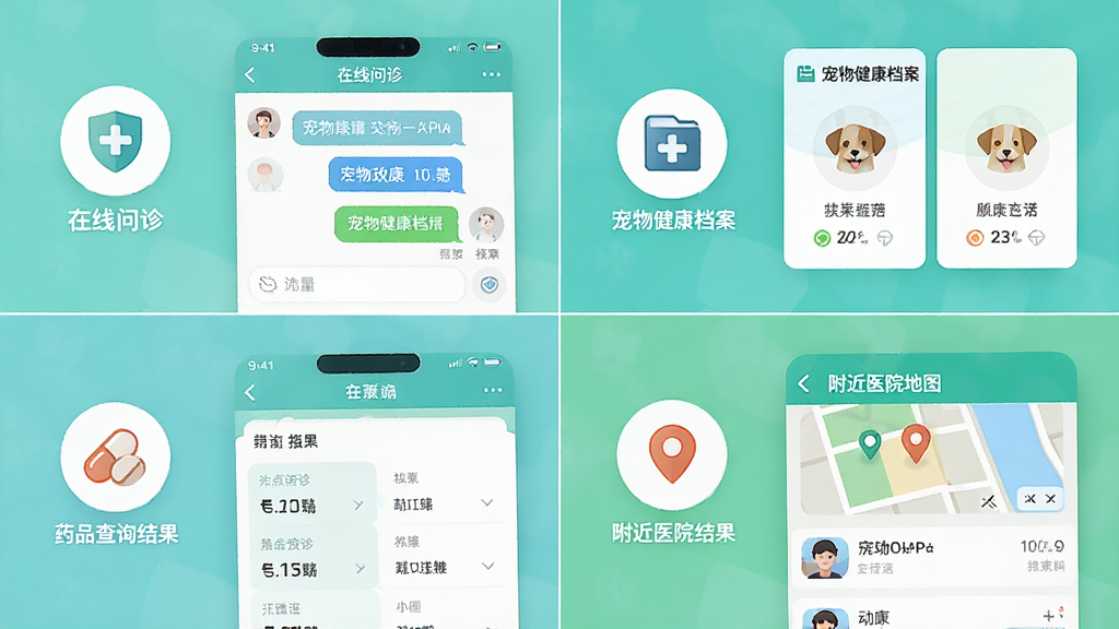 好宠医APP的功能展示图,画面分为四个区域分别展示在线问诊聊天界面、宠物健康档案卡片、药品查询结果页和附近医院地图列表,布局采用四宫格排列整齐清晰,排版每个区域有明确的图标标识,风格为清爽的UI设计展示风格,细节包括问诊气泡、档案图标、药丸图标、地图定位标记,画质高清干净无多余元素