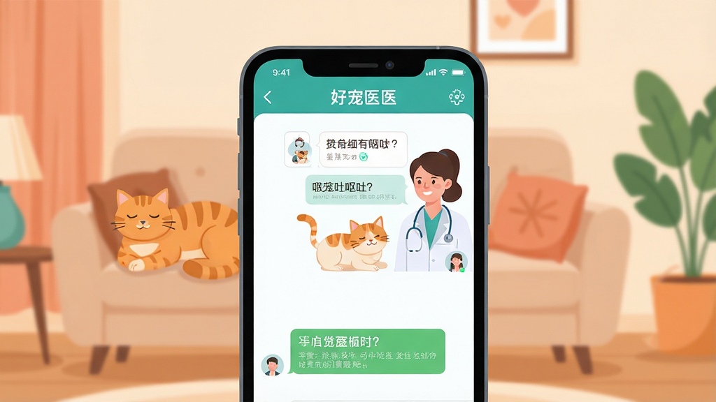 一张展示好宠医APP核心功能的宣传图,主体是手机屏幕中显示好宠医APP的在线问诊聊天界面,一位宠物医生正在回复关于猫咪呕吐的问题,背景是温馨的客厅环境,一只橘猫趴在沙发上,布局采用居中构图手机屏幕占画面主体,排版简洁突出APP界面,风格为现代扁平化插画风格,细节包括手机边缘圆润、对话气泡清晰、猫咪表情慵懒可爱,画质高清干净无多余元素