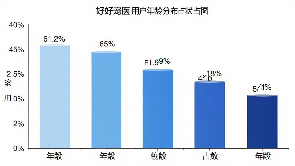 好宠医用户年龄分布柱状图,画面主体为柱状图展示五个年龄段用户占比,布局横轴为年龄段纵轴为百分比,排版柱子颜色从浅蓝到深蓝渐变,风格为简洁数据可视化风格,细节包括柱子上方标注百分比数字、坐标轴标签清晰,画质高清干净无多余元素