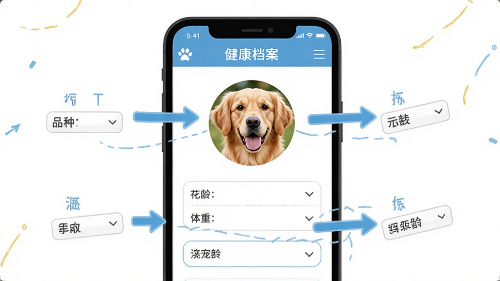 好宠医APP使用教程示意图,画面展示手机屏幕中好宠医的健康档案填写页面,一只金毛犬的照片显示在档案头像位置,旁边有箭头标注品种年龄体重等填写项,布局采用手机屏幕居中展示配合标注箭头,排版清晰有序,风格为扁平化教程插图风格,细节包括填写框、下拉菜单、宠物头像圆润可爱,画质高清干净无多余元素