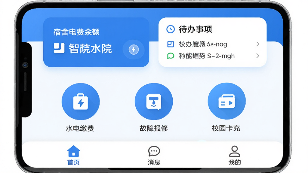 �ǻ�ˮԺ У԰����app������ ����ɫ�� ������ʾ���������ʹ������Ƭ �м���ˮ��ɷѡ����ϱ��ޡ�У԰����ֵ����Բ��ͼ�� �ײ�Ϊ��ҳ����Ϣ���ҵ�����ѡ� ���岼�ּ������ ���ֱ�ǩ��ȷ �ִ���ƽ����� ϸ��Բ�� ���廭�� �ɾ��޶���Ԫ��