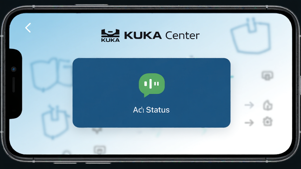 һ��չʾKUKA CenterӦ����������ֻ���ͼ�����������Ǽ�������״̬��Ƭ���Ϸ���KUKA Center��Logo�����ֱ�ʶ��������ǳ������ɫ�Ľ��䣬���沼������������ִ���ƽ�����ʸɾ��޶���Ԫ��