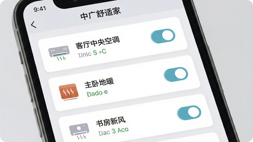�й����ʼ�App���豸�������棬����չʾһ���ֻ���Ļ�ϡ��й����ʼҡ�App���豸�б�ҳ�棬�б������������š���������յ����������Ե�ů�������鷿�·硱���豸��Ƭ��ÿ����Ƭ���п��ذ�ť�͵�ǰ״̬��ʾ��������Ƽ�࣬ͼ���ƽ��������Ϊ��ɫǳ�ң����ʸɾ�����������Ϣ