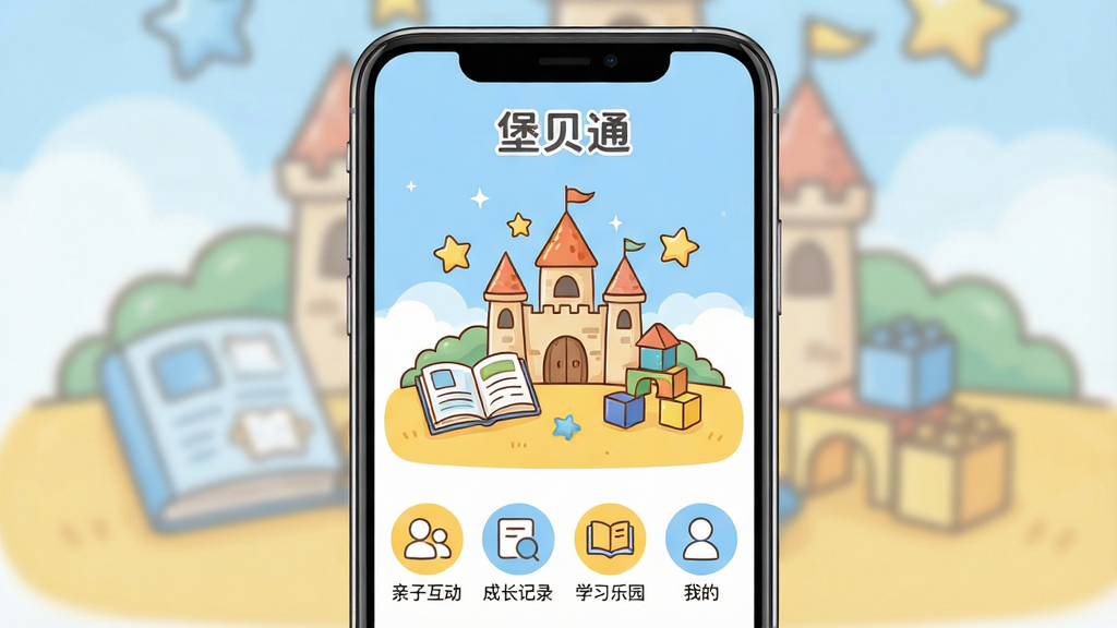 һ��չʾ����ͨApp���Ľ�����ֻ�����ͼ�������������ֻ���Ļ����Ļ����ʾ����ͨ����ҳ����ҳ�Ϸ��С�����ͨ�������ֵ�Logo���м��ǿ�ͨ���Ķ�ͯ�ɳ���԰�廭������С�Ǳ����汾����ľ������Ԫ�أ��·������š����ӻ��������ɳ���¼����ѧϰ��԰�����ҵġ��ĸ�Բ�ι���ͼ�꣬���岼��������������͵�������ɫ�������ܰ��ͨ��ϸ��Բ��ɰ������ʸɾ��޶���Ԫ��