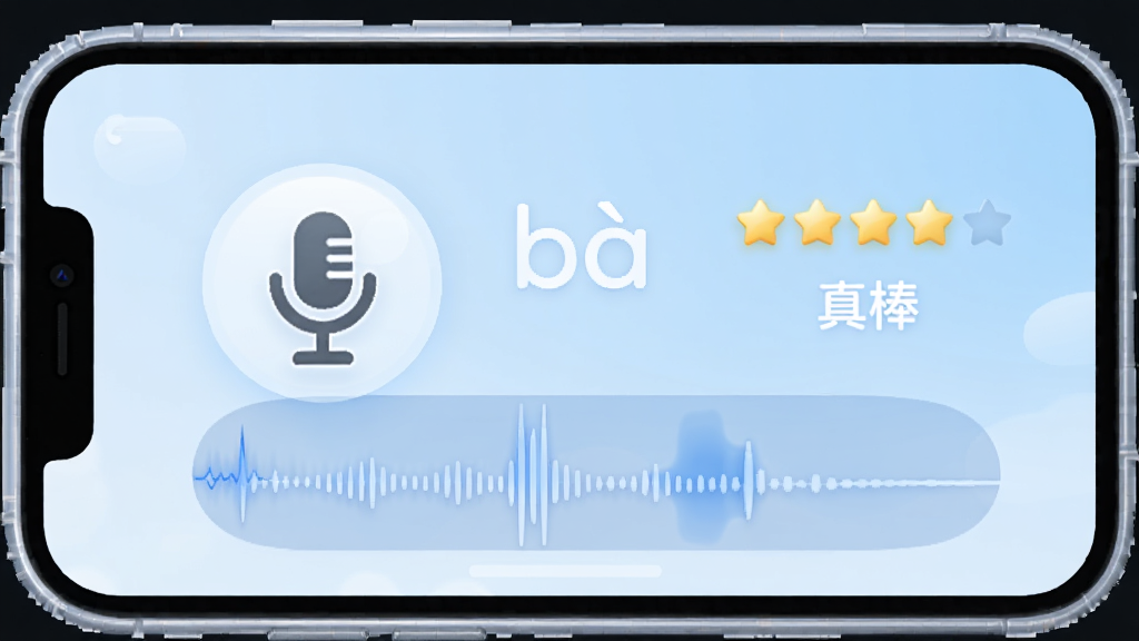 帮帮拼音智能语音评测功能界面,画面主体是手机屏幕,屏幕中显示一个麦克风图标和拼音“bà”的发音波形图,旁边有星星评分和“真棒”的鼓励文字,背景是淡蓝色渐变,风格简洁现代,细节圆润,画质干净,无多余元素