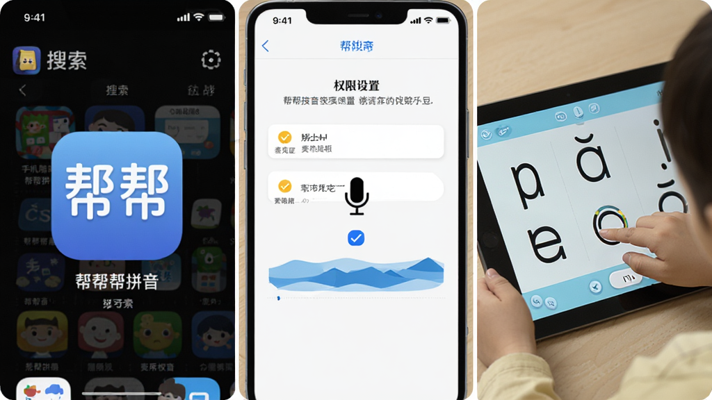 帮帮拼音安装使用流程图,画面分为三个步骤,第一步是手机应用商店搜索界面显示帮帮拼音图标,第二步是权限设置界面麦克风权限被勾选,第三步是儿童使用平板学习拼音的场景,风格简洁明快,画质干净,无多余元素