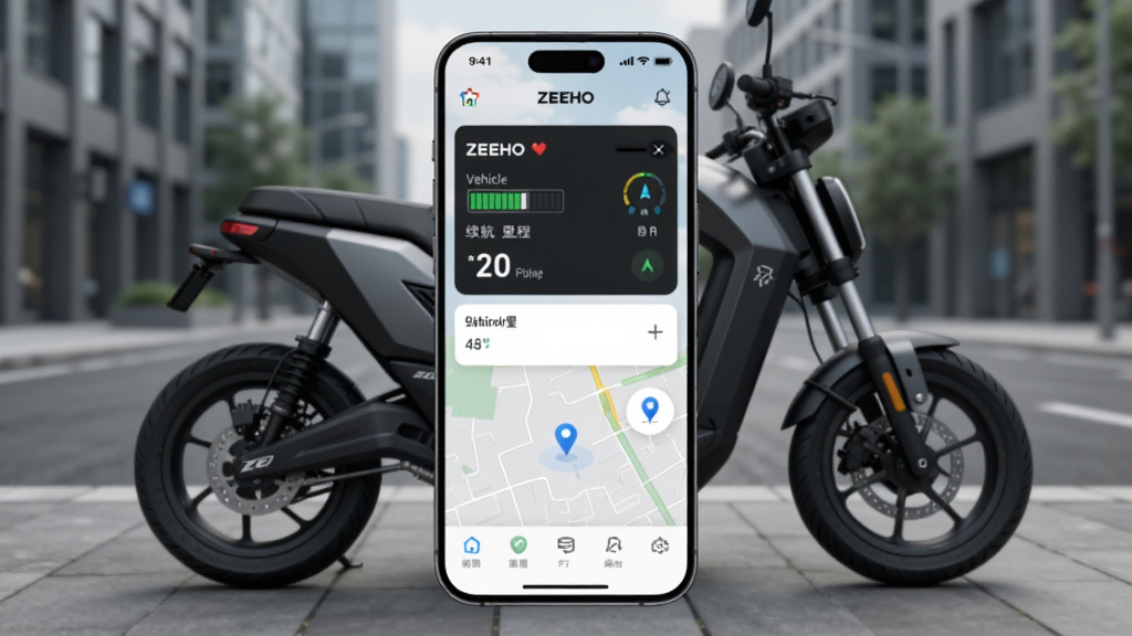 һ��չʾZEEHO��������App�������ͼƬ������������һ�������ֻ�����Ļ��ʾZEEHOӦ�ý��棬��������������������̺ͳ�����λ��ͼ�������ǳ��нֵ���һ��ͣ���ĵ綯Ħ�г�������ִ��Ƽ��У�ϸ�����������ʸɾ����޶���Ԫ��