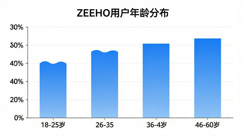 һ��չʾZEEHO App�û�����ֲ�����״ͼ������Ϊ�����18-25�ꡢ26-35�ꡢ36-45�ꡢ46-60�꣬����Ϊ�û�ռ�Ȱٷֱȣ���״ͼ��ɫΪ��ɫ���䣬ͼ������ΪZEEHO�û�����ֲ�����������ݿ��ӻ���ϸ�����������ʸɾ����޶���Ԫ��