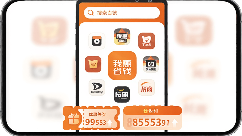 �ֻ���Ļ������ʾ���һ�ʡǮ��APP���棬�������������м��Ǹ������ƽ̨ͼ�껷�ƣ��ײ����Ż�ȯ�ͷ���������������������Գ�ɫ�Ͱ�ɫΪ��ɫ������ƽ����Ʒ��ͼ��Բ�󣬻��ʸɾ��������޶���Ԫ��