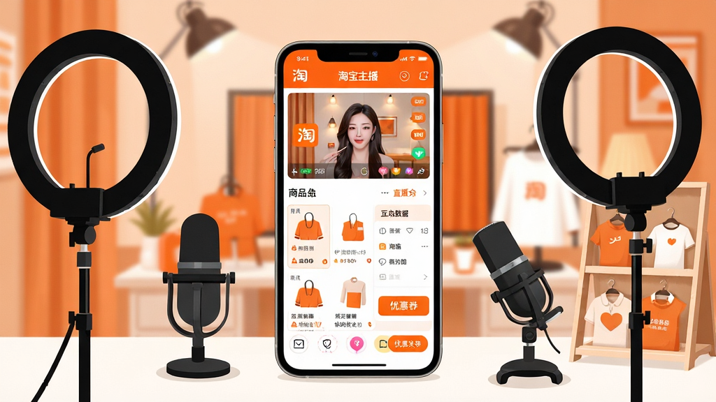 һ��չʾ�Ա�����App���Ĺ��ܵ��ۺϳ���ͼ������������һ�������ֻ�����Ļ����ʾ�Ա�����App��ֱ���п�̨���棬�����а���ֱ������Ԥ������Ʒ�б�������������塢�Ż�ȯ���Ű�ť�Ⱥ���ģ�飬�ֻ���Χ������ֱ������ơ���˷硢��Ʒչʾ�ܵ�ֱ���豸Ԫ�أ���������ܰ��ֱ���䲼�÷��ɫ�����Ա���־�Եĳ�ɫ�Ͱ�ɫΪ�����������ִ���Լ����ƽ����ƣ����������ɾ����޶�������Ԫ��