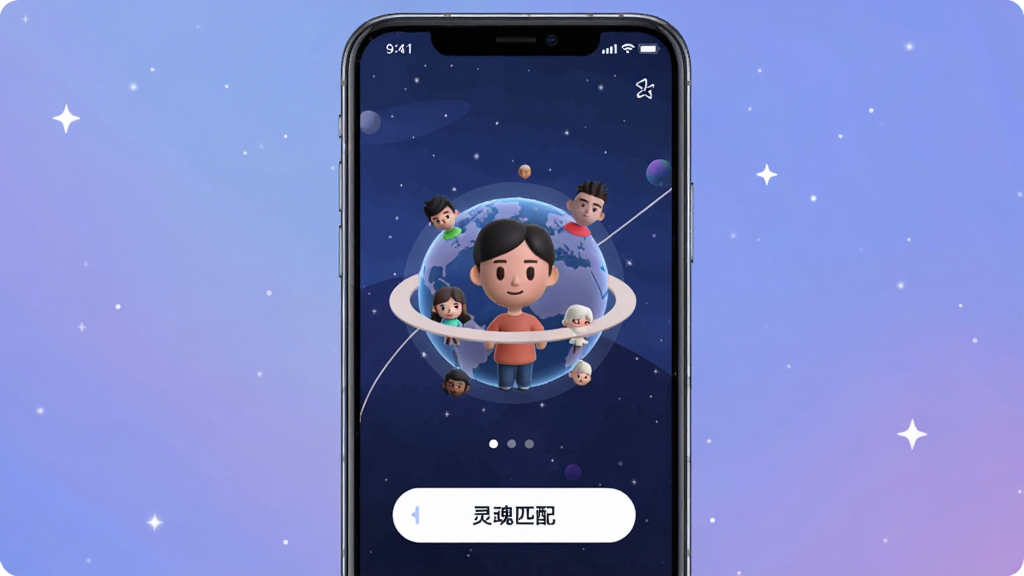 一张展示Soul App核心界面的手机屏幕截图,画面主体是一部现代智能手机,手机屏幕显示Soul的3D虚拟头像星球界面和“灵魂匹配”按钮,布局居中,背景是柔和的星空蓝紫色调,风格现代清新扁平化,细节上手机边缘有轻微高光反射,画质干净清晰,无多余元素。