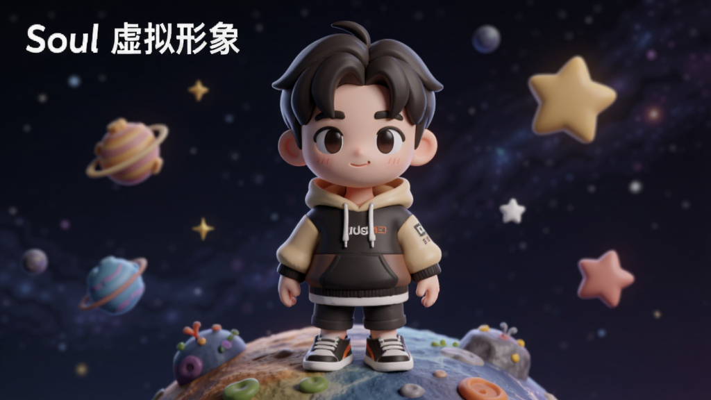 一张展示Soul“3D虚拟形象”功能的AI生图,画面主体是一个可爱的3D卡通人物站在一个微型星球上,布局居中,风格卡通立体,细节上人物穿着时尚的卫衣,背景是深邃的宇宙和漂浮的星星,画质干净,无多余元素,图片中文字为“Soul 虚拟形象”。