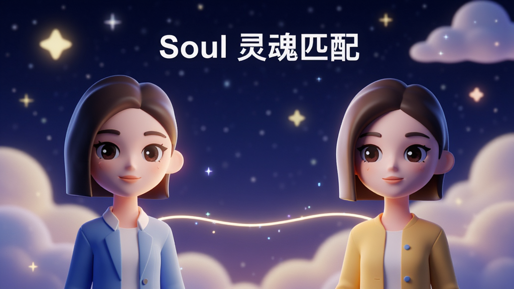 一张展示Soul“灵魂匹配”功能的AI生图,画面主体是两个风格化的卡通虚拟人物在星空下通过一条发光的线连接,布局左右对称,风格梦幻治愈,细节上背景有闪烁的星星和柔和的云朵,画质干净,无多余元素,图片中文字为“Soul 灵魂匹配”。