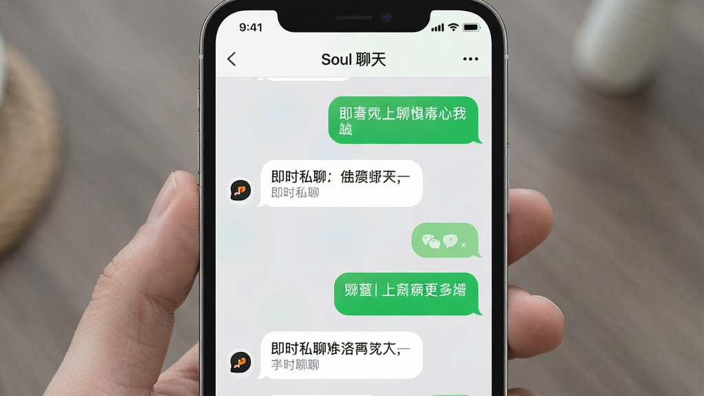 一张展示Soul“即时私聊”功能的AI生图,画面主体是一个手机聊天界面,布局是左右气泡对话,风格简洁明快,细节上聊天背景是浅灰色,气泡是绿色和白色,画质干净,无多余元素,图片中文字为“Soul 聊天”。