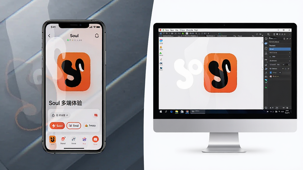 一张展示Soul App在手机和电脑模拟器上同时运行的对比图,画面主体是左边一部手机显示Soul界面,右边一台电脑显示器显示安卓模拟器运行Soul,布局左右对比,风格科技感,细节上手机和电脑屏幕都有反光,画质干净,无多余元素,图片中文字为“Soul 多端体验”。