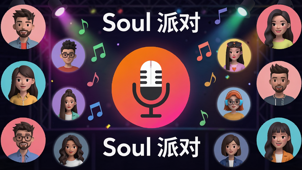 一张展示Soul“广场与派对”功能的AI生图,画面主体是一个热闹的线上派对场景,布局中心是一个麦克风图标,周围环绕着多个虚拟人物头像,风格活泼热闹,细节上背景有彩色的灯光和飘落的音符,画质干净,无多余元素,图片中文字为“Soul 派对”。
