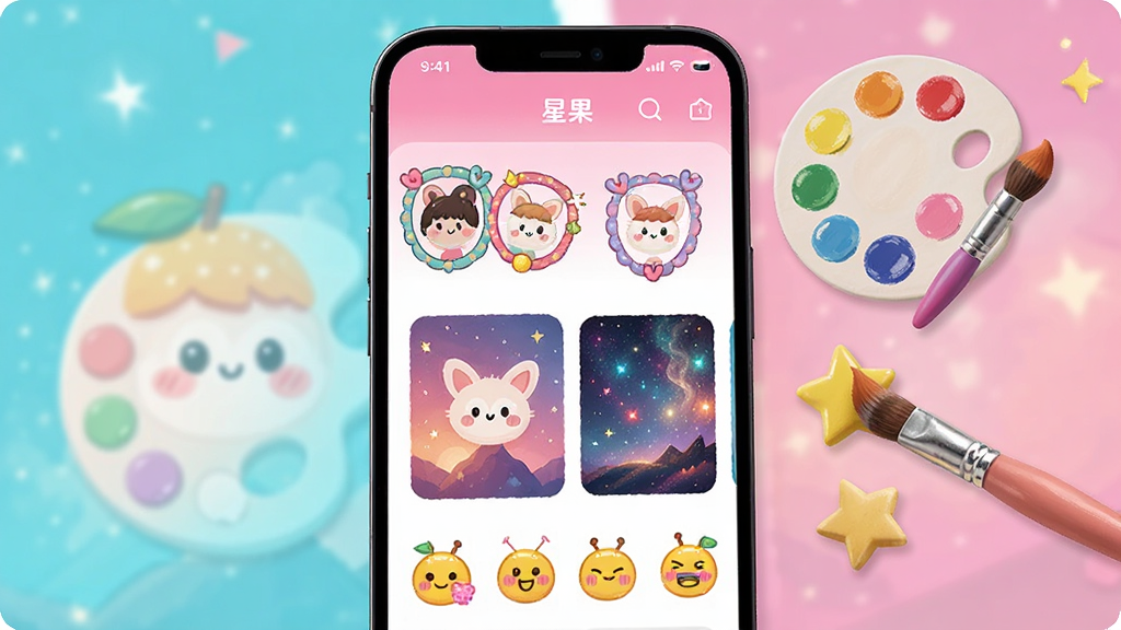 һ��չʾ���ǹ���App������ҳװ������ͼƬ���ֻ���Ļ����ʾ�Ÿ��ֿɰ���ͷ��򡢱�����ֽ�ͱ����ѡ���Ļ�Ա�Ư���ŵ�ɫ�̺����ǻ��ʣ�����������������У�����������ɫ�ʷḻ��������