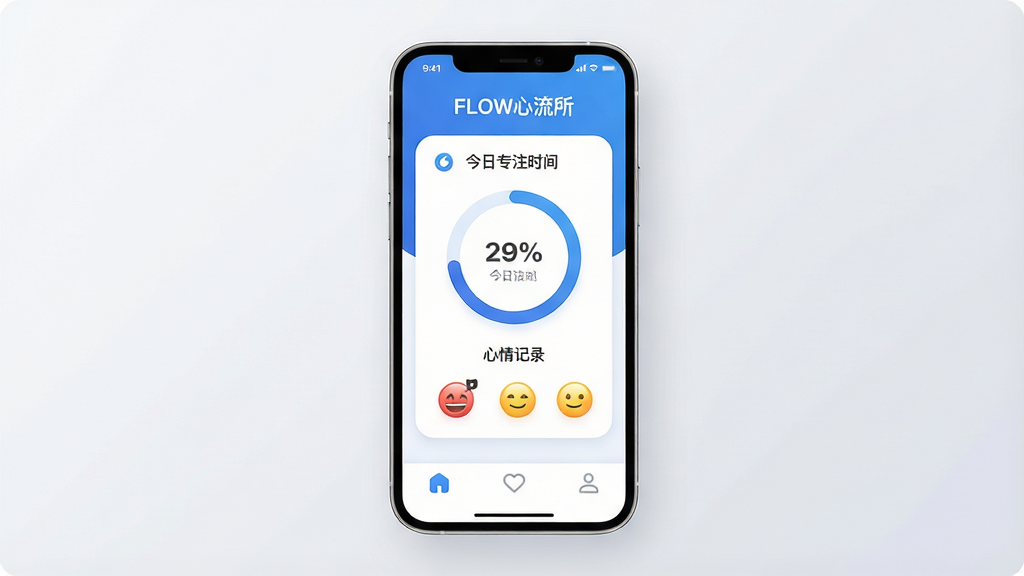 һ��չʾFLOW�������ֻ�Ӧ���������ͼƬ������������һ���ִ������ֻ�����Ļ��ʾ�ż�������ɫ�����棬�����С�FLOW����������Ӧ�����ƣ������м���ʾ�Ž���רעʱ����Բ��ͼ���������¼�ı������ͼ�꣬�ײ������������ĵ�����ǩ�������Ǹɾ���͵�ǳ��ɫ���䣬�������ִ���ƽ��ϸ��Բ�󣬻��ʸɾ��������޶���Ԫ�ء�