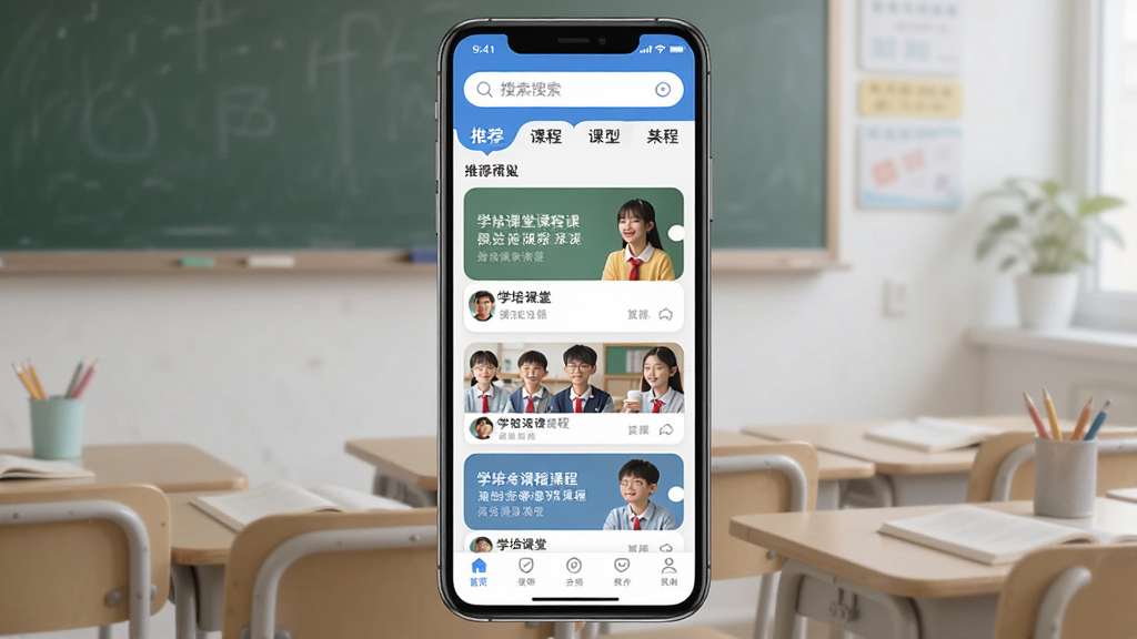 一张展示学培课堂App核心界面的手机屏幕截图,画面主体是一部现代智能手机,屏幕上显示着学培课堂的首页,顶部有搜索栏和课程分类标签,中间是推荐的课程卡片列表,底部是底部导航栏。排版清晰,风格现代简约,细节圆润,画质干净,无多余元素。